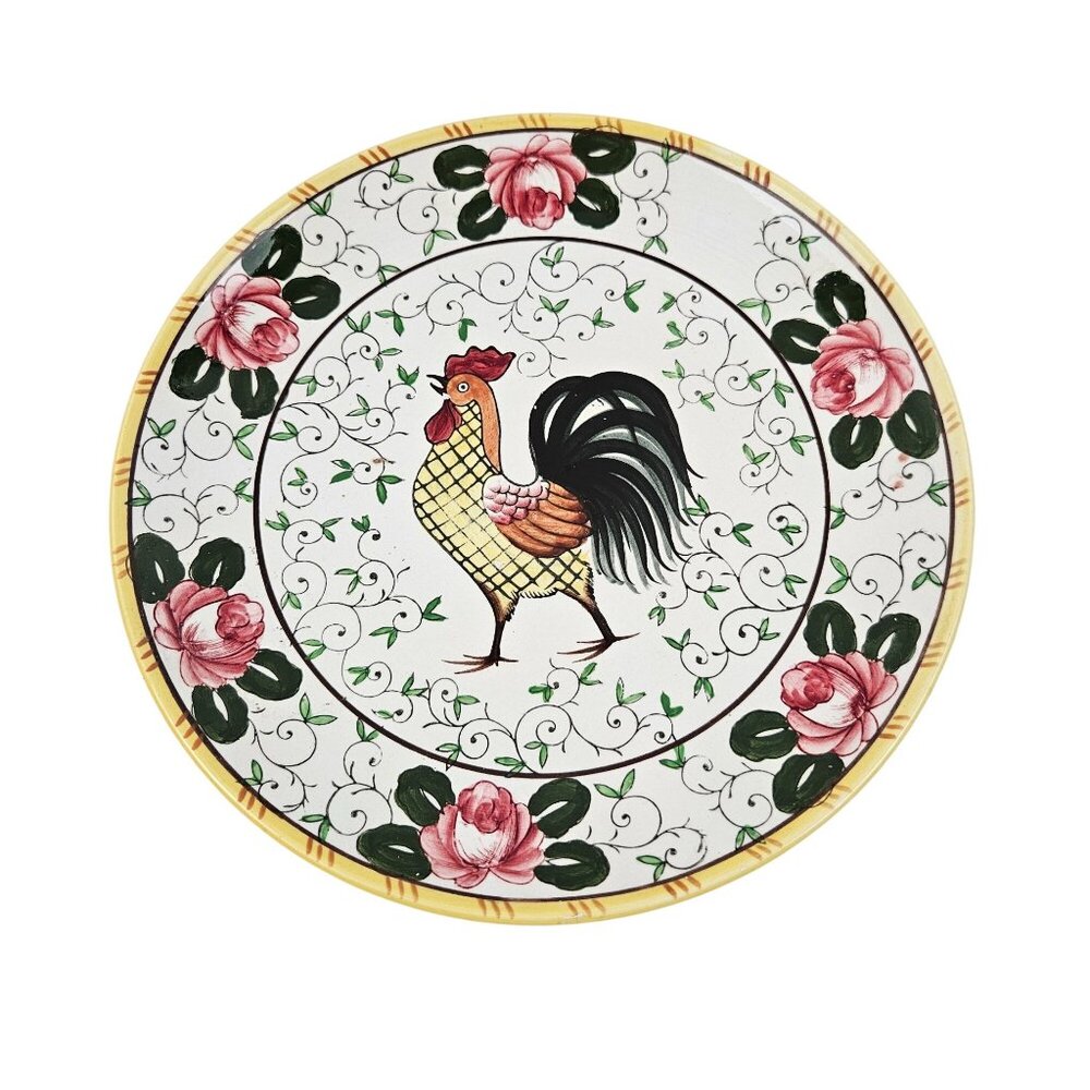 Early Provincial Dinner Plate Hand Painted Ceramic Rooster Roses UCAGCO Japan - Picture 1 of 10